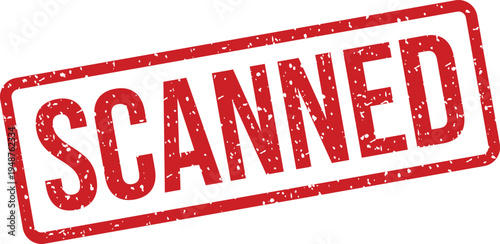 Distinct red grunge rubber stamp shows the prominent word Scanned on a crisp white surface