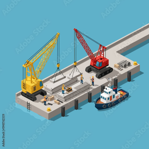 Isometric illustration of a construction site at a harbor with cranes and workers.