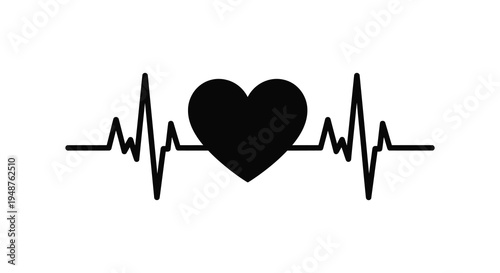 A striking black heart shape integrated within a stylized electrocardiogram line a bold silhouette high quality