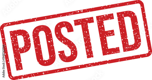 Distinctive red rectangular rubber stamp impression showing the word POSTED on a clean white backdrop