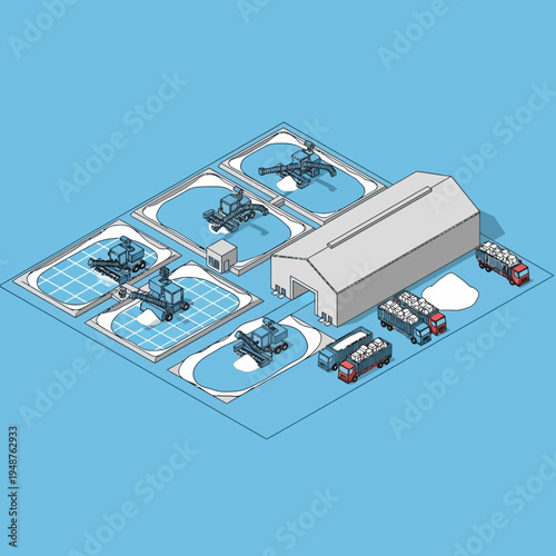 Isometric illustration of a salt production facility, showing various stages of processing and transport.