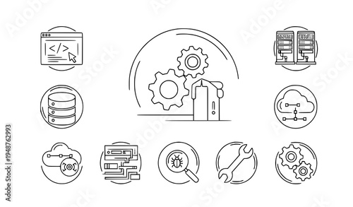 Development engineering configuration line icons in circles vector set