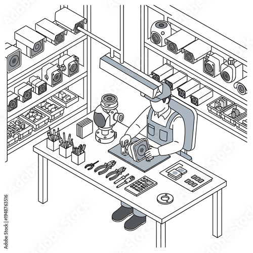 A person working on a device at a workbench surrounded by equipment and surveillance cameras.