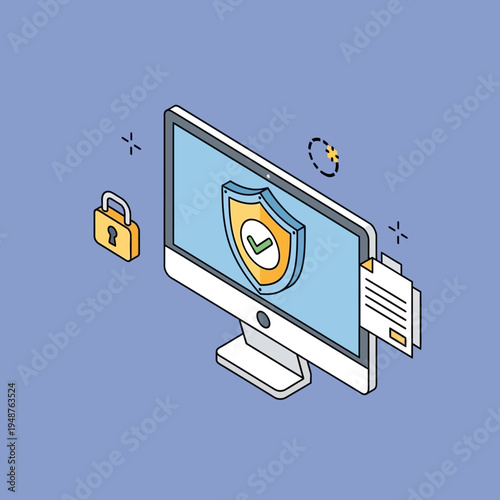 Isometric illustration of a computer monitor displaying a security shield and documents, with a padlock.