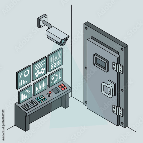 Isometric illustration of a security control room with surveillance equipment and a vault door.