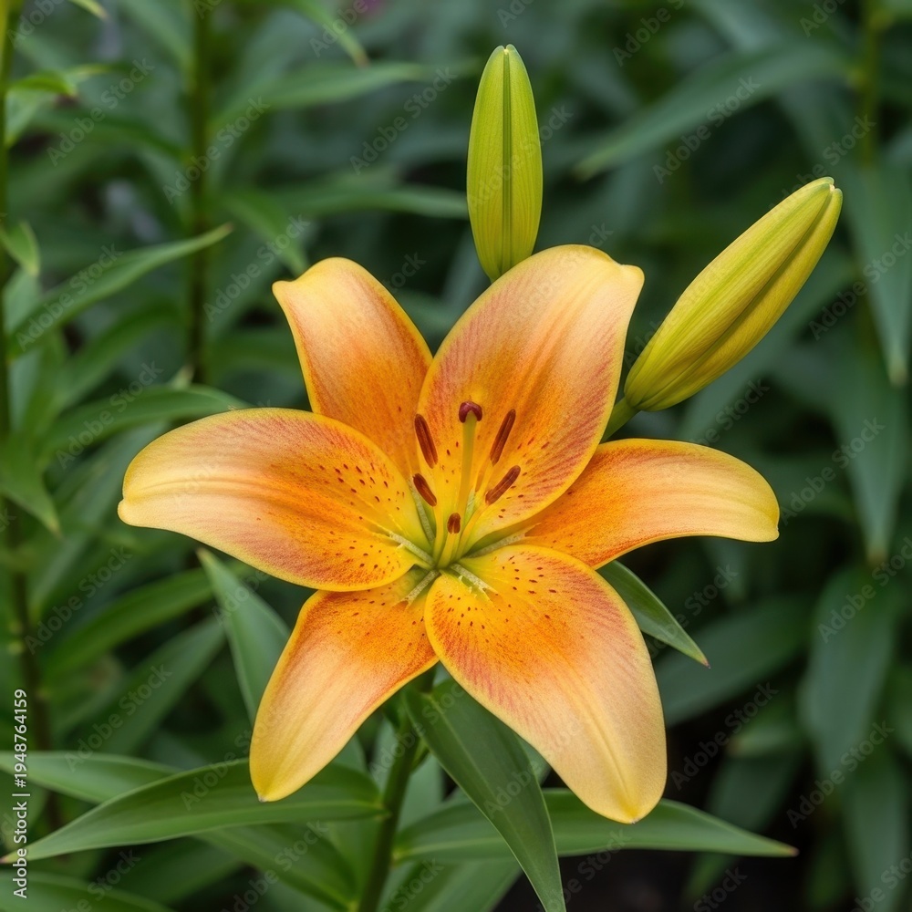 Fototapeta premium Vibrant Orange Asiatic Lily Blossom with Unopened Buds.