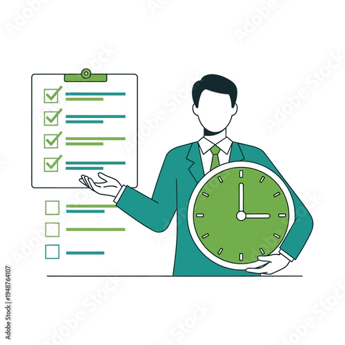 A businessman in a suit holding a clock and pointing to a checklist on a clipboard, symbolizing time management and task completion.