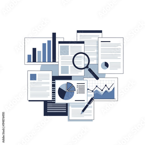 A collection of documents, charts, graphs, and a magnifying glass representing data analysis and business research.