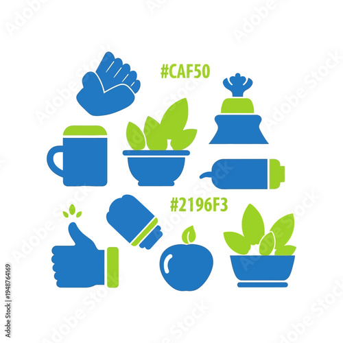 Collection of blue and green icons representing various concepts including food, sports, and lifestyle elements.
