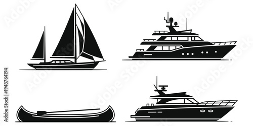 “Collection of diverse watercraft including sailboat, canoe, and luxury yachts showcasing nautical design and marine transportation flat vector illustration”