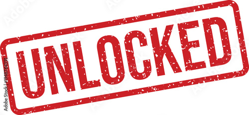 Red grunge textured UNLOCKED stamp on a clean white surface symbolizes freedom access and achievement