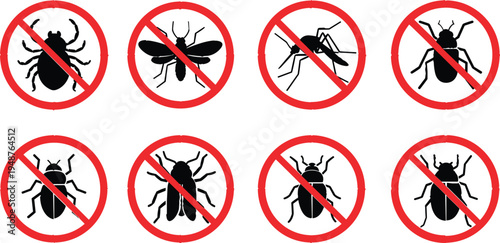 Prohibited Insect Warning Sign Icon Set with Mosquito Fly Tick and Bug Silhouettes Inside Red No Symbol Pest Control Vector Collection