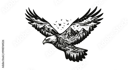 Black silhouette vector illustration of a wild eagle with wings in flight, a powerful animal symbol of freedom and nature designed as a stylized bird tattoo icon
