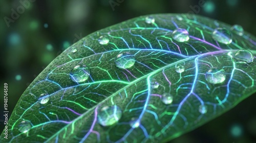 A close-up of a green leaf adorned with glistening water droplets, showcasing nature's beauty and freshness