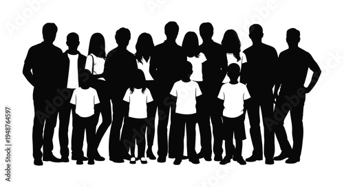 A large group of people including children stand closely together in a striking silhouette high quality