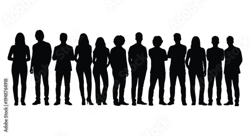 A row of diverse people standing together presented as a striking black silhouette high quality professional