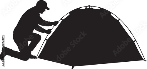 Silhouette of a Man Setting Up a Camping Tent on a White Background