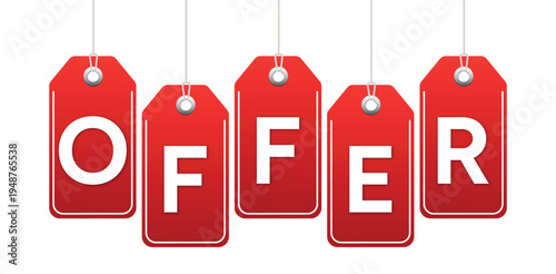 Red price tags hanging from thin strings form word offer for retail business promotion discount and special sale savings