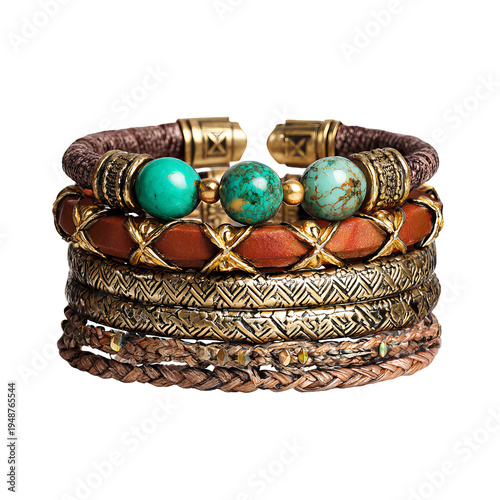 Stacked bracelets showcasing diverse textures, colors, & designs, including leather, beads, & metal accents