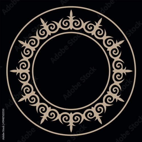 Traditional ornament of middle Asia for decoration of clothes and yurts. Nomadic ornament. Round frame plate Kazakh, Kyrgyz, Uzbek pattern. Ethnic decorative Oriental vector round frame. Islam, Arabic