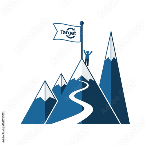 A person stands triumphantly on a mountain peak, having reached the target flag after a winding journey up the challenging terrain.