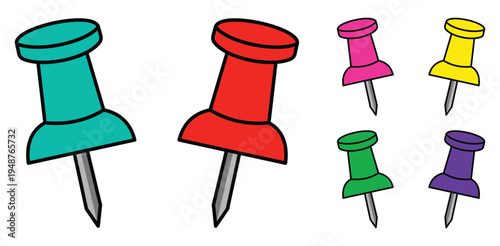 Colorful push pin and thumbtacks for office organization and school supplies collection isolated on white background set