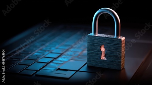 Digital Fortress: A close-up view of a secure padlock resting atop a laptop keyboard, representing online security and data protection.