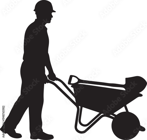 Construction Worker Silhouette Pushing Wheelbarrow Isolated on White