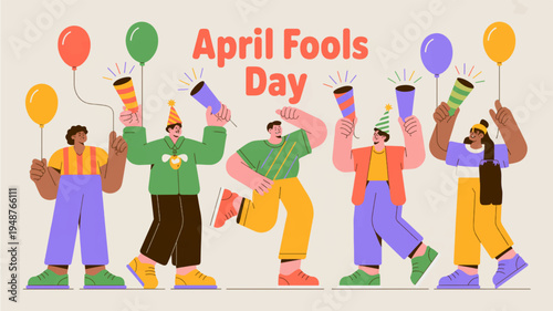 People celebrating april fools day with colorful balloons and confetti