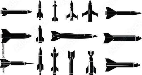 "Set of fifteen missile and rocket silhouettes arranged in rows, diverse military defense designs, aerospace weapon icons, strategic warfare illustration for combat, security, and defense industry 