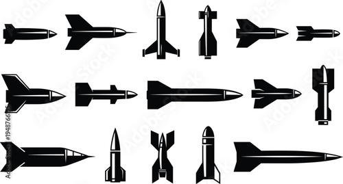 "Set of fifteen missile and rocket silhouettes arranged in rows, diverse military defense icons, aerospace weapon illustration for combat, security, warfare, and defense industry visuals"