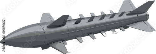 "3D model of futuristic missile or rocket with multiple stabilizing fins, aerodynamic nose cone, military defense weapon illustration for aerospace engineering, combat, security, and defense 