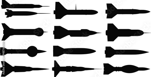 "Collection of twelve missile and rocket silhouettes arranged in grid layout, diverse military defense icons, aerospace weapon illustration for combat, warfare, security, and defense industry visuals"