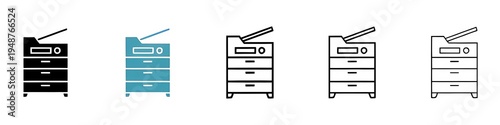 Copy Machine vector icon set. Office printer symbol. Multifunction photocopy machine sign in black and white color. Thin line customizable illustration. Contour symbol. Vector isolated outline drawing