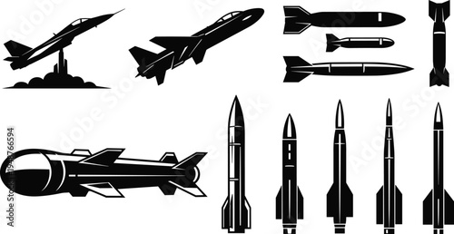 "Collection of military aircraft, bombs, cruise missile, and ballistic missile silhouettes, defense weapon icons, aerospace technology illustration for combat, warfare, security, and defense 