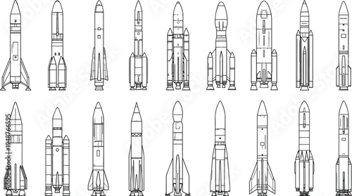 "Set of twenty stylized rocket line drawings arranged in rows, diverse aerospace vehicle designs, space launch illustration for engineering, technology, education, and creative visuals"