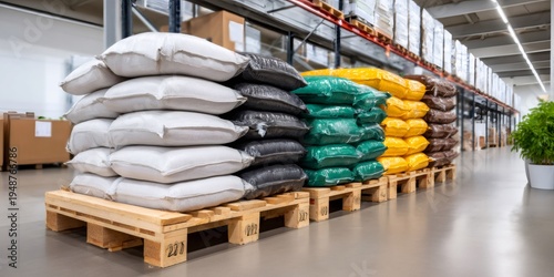 Sacks of goods on pallets in warehouse logistics storage