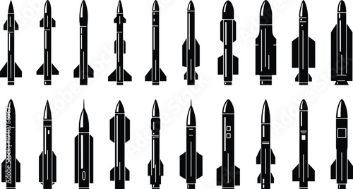 "Collection of twenty missile and rocket silhouettes arranged in rows, diverse military defense icons, aerospace weapon illustration for combat, warfare, security, and defense technology visuals"