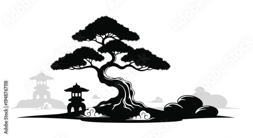 Bonsai tree with elegantly twisted trunk stands as a focal point in a serene black and white illustration, flanked by a traditional Japanese lantern and distant pagodas, evoking tranquility.