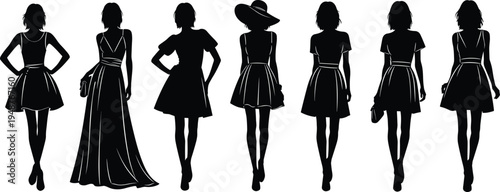 elegant, female, fashion, silhouettes, women, models, dress, style, pose, collection, black, vector, isolated, stylish, outfit, set, illustration, beauty, glamour, chic