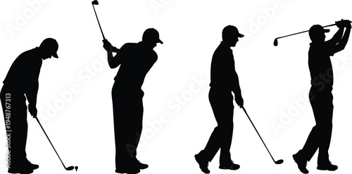 golf, golfer, silhouette, swing, sport, player, club, ball, putting, shot, athlete, game, training, action, competition, isolated, vector, stance, movement, set