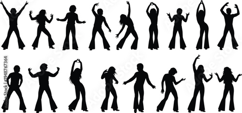 dance, dancers, silhouette, disco, party, music, people, dancing, movement, celebration, nightclub, retro, groove, performer, entertainment, energy, pose, isolated, collection, set