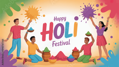 People celebrating holi festival with colorful powders and joyful atmosphere outdoors