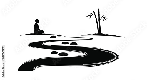 Meditator sits peacefully in silhouette beside a winding path adorned with stepping stones, leading to tranquil bamboo stalks, symbolizing inner peace and spiritual journey.