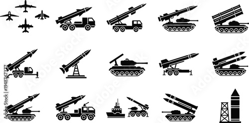 "Collection of military vehicles, aircraft, missile launchers, tank, naval ship, and radar tower silhouettes, defense weapon icons illustration for combat, warfare, aerospace, and security industry 