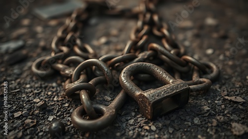 oppression. Rusty iron chains and shackles scattered on textured ground, weathered metal surfaces. safety posters, maintenance manuals, designed for industrial assembly lines and welding operations.