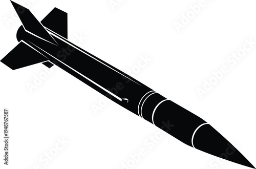 "Black silhouette of rocket or missile with pointed nose cone, cylindrical body, stabilizing fins, aerospace weapon illustration for military defense, combat, security, engineering, and technology 