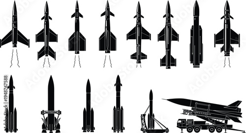"Collection of fourteen rocket and missile silhouettes arranged in rows, featuring airborne designs, vertical launch systems, and mobile truck platform illustration for aerospace, defense,