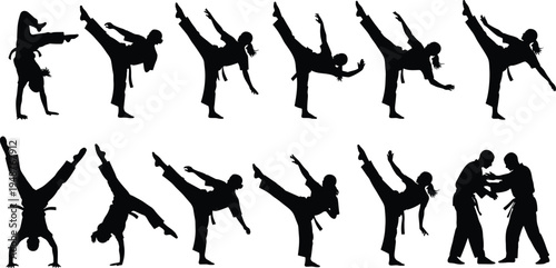 martial arts silhouette collection, karate taekwondo fighters kicking poses, combat training action set, isolated black vector athletes on white background