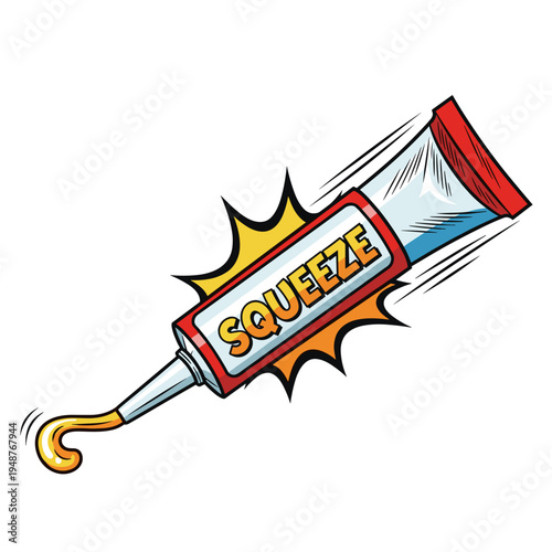 Illustration of a caulk tube with vibrant red and white design isolated on a white background, featuring dynamic motion lines and bold text